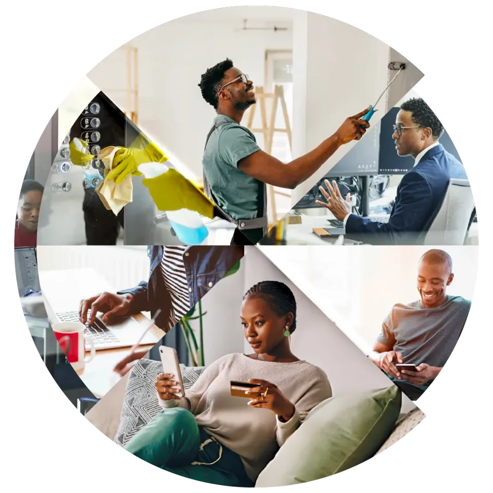 Professionnels et consommateurs africains : artisan, entretien, cadre au bureau, achat en ligne sur smartphone